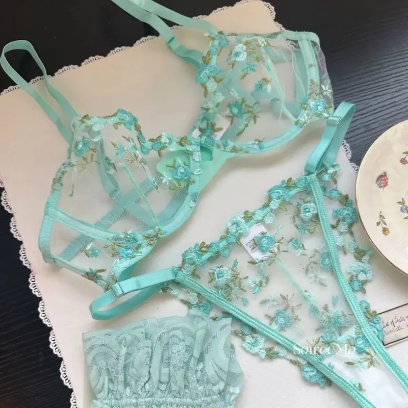 French Sheer Floral Lingerie Set Ultra Thin Sexy See Through Bralette with Soft Underwire & Women Large Bust Support S-XL MOYISU — image 11