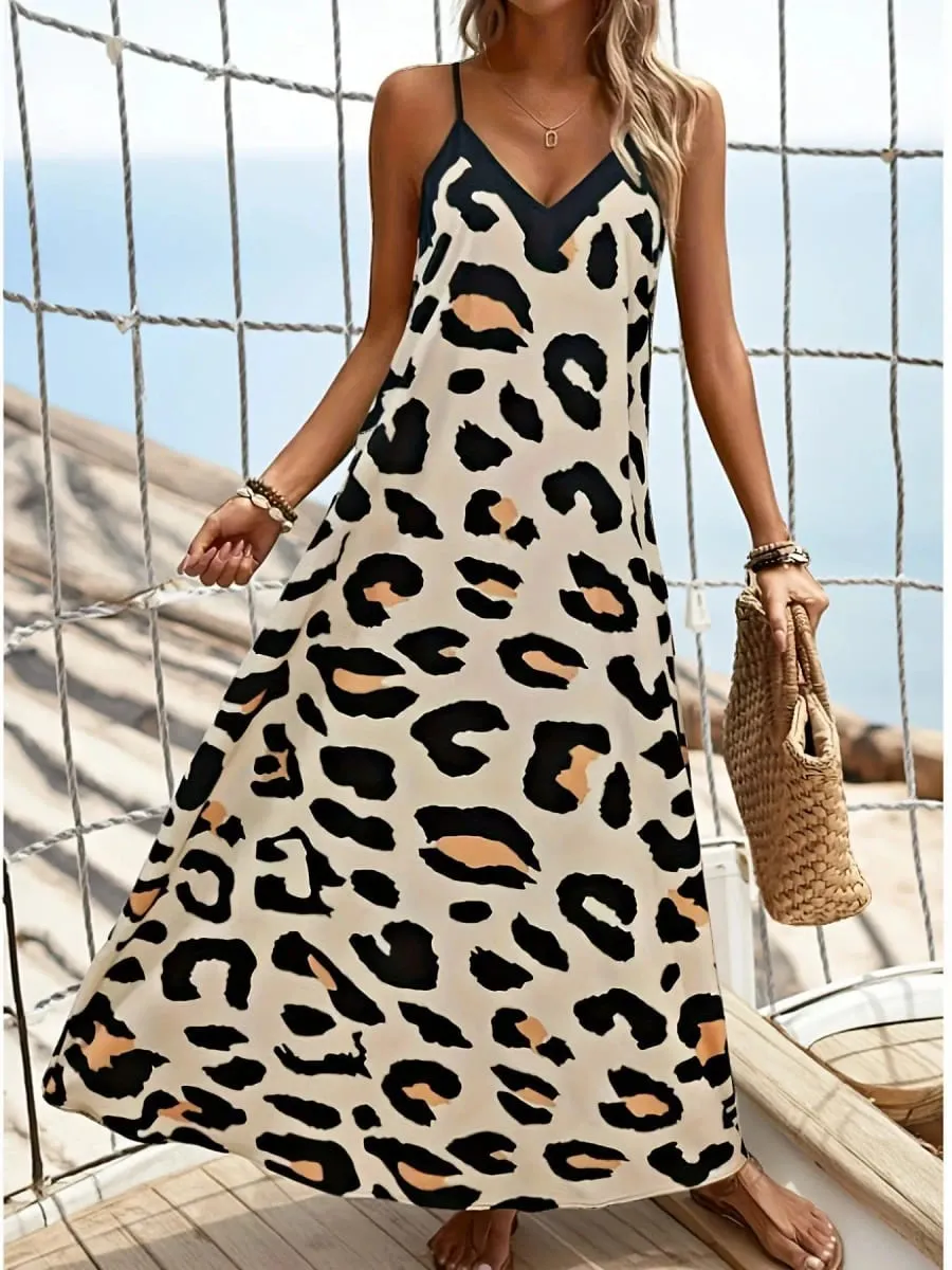2026 New Women Leopard Print Spaghetti Strap Maxi Dress Sleeveless V Neck Casual Long Dresses Summer Beach Vacation Outfit — image 6
