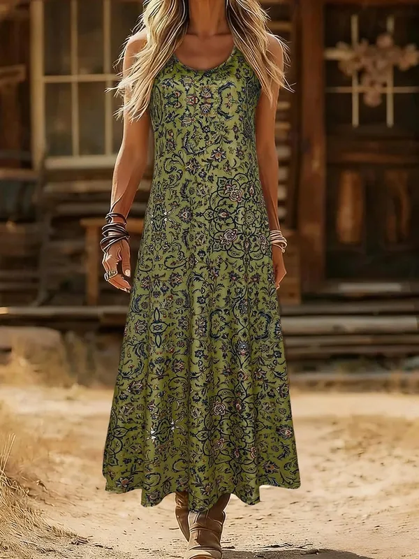 Women's Vintage Floral Print Sleeveless Maxi Dress Round Neck Loose A Line Casual Sundress Summer Boho Vacation Long Dress