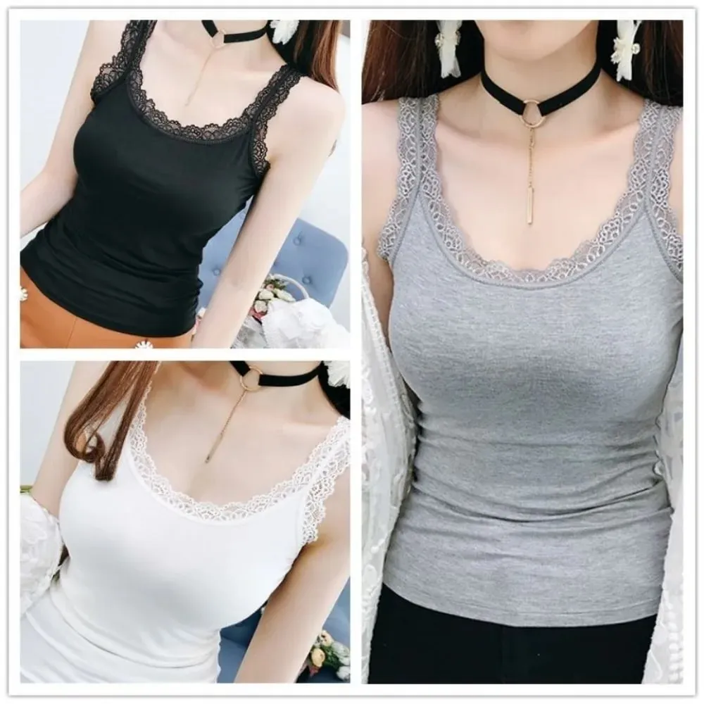 Casual U Neck Summer Tank Tops Sleeveless Slim Fitted Tops With Lace Underwear Cami Top Shirt for Women — image 2