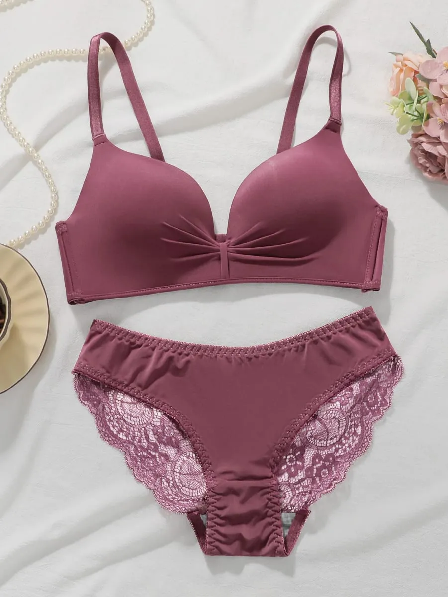 Solid Color Lace Bra Set Women Wireless No Underwire Push Up Bra and Panty 2 Piece Set Daily Comfortable Lingerie — image 1