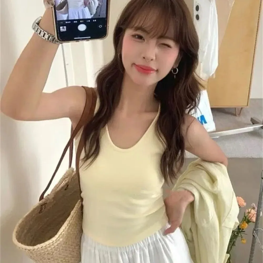 Korean Style with Chest Pad Strap Vest U-Neck Solid Color Backless Sleeveless Top Slimming Women Camis Summer — image 13
