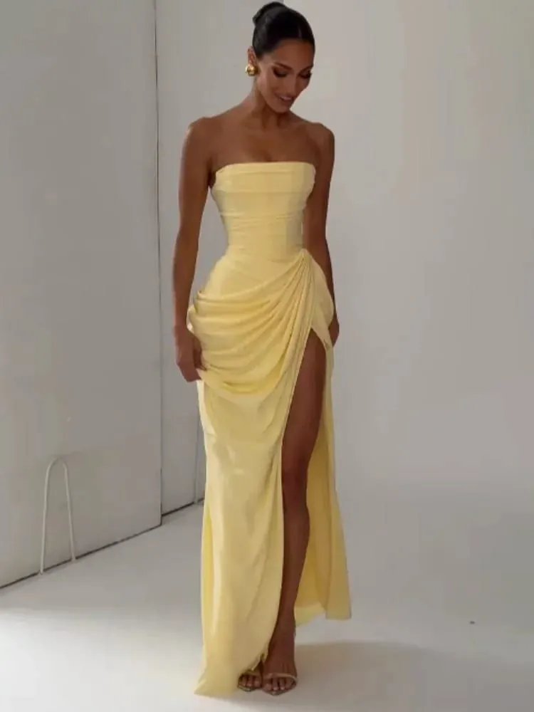 Gaun Maxi Belah Wanita Berlipat Tanpa Tali Kuning Gaun Slim Fit Cinching Pinggang Tanpa Lengan Elegan Gaun Pesta Harian Wanita 2026 — image 3