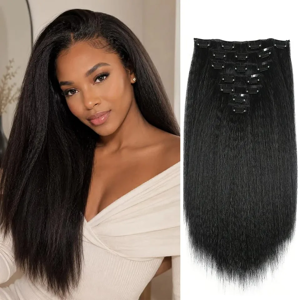 Yaki Straight Clip In Hair Extensions Synthetic Hairpiece For Women 7 Pcs Long Kinky Straight Soft Thick Hair Extensions