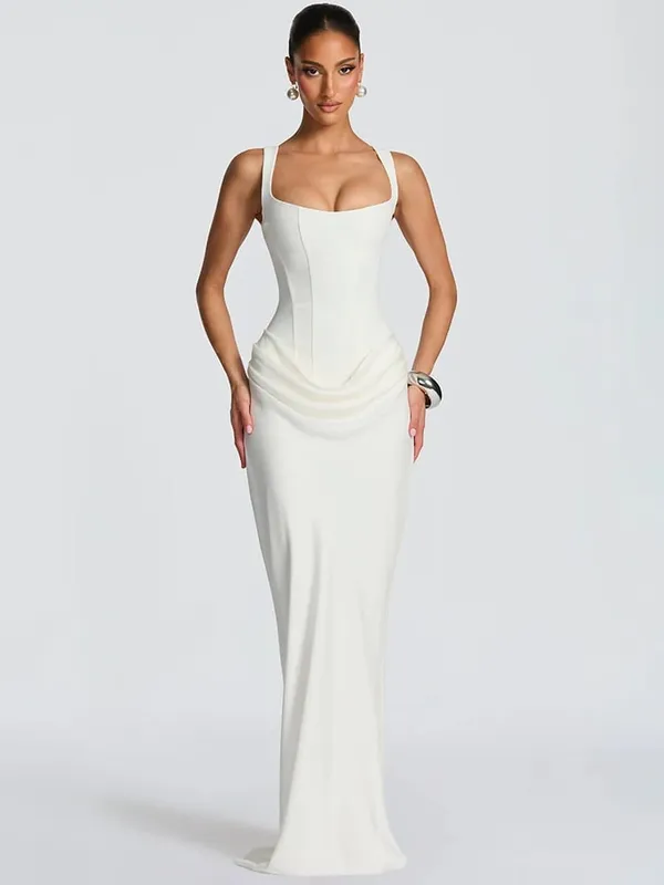 Mozision Elegant Backless Sexy Maxi Dress Women Gown Fashion Square Collar Sleeveless Skinny Ruched Club Party Long Dresses — image 6