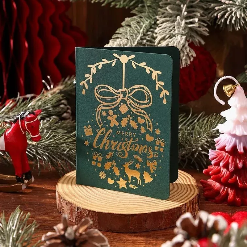 10Pcs Vintage Gold Foil Christmas Folding Greeting Cards Multi Pattern Blessing Holiday Cards New Year Postcard Gift Cards — image 18