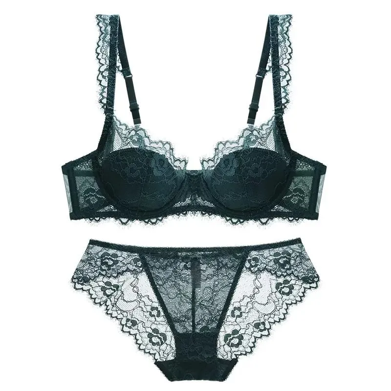 Lightly Lined Eyelash Lace Thin Cup Bra and Panties Set Underwear with Push Up Soft Comfortable Breathable Sexy Female Lingerie