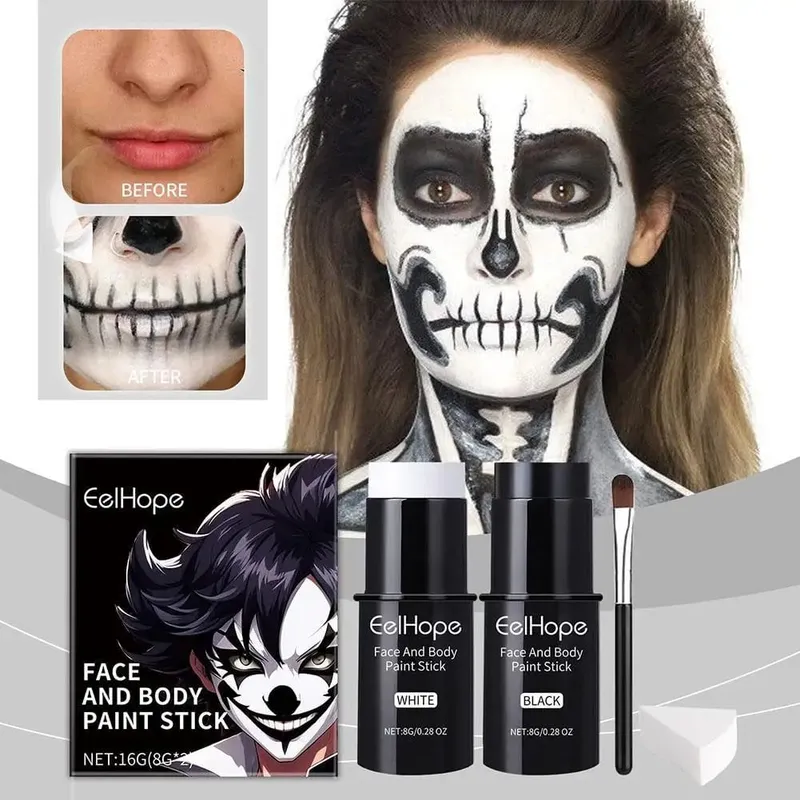 Kit de peinture pour le visage et le corps, noir et blanc, fond de teint, Clown coloré, longue durée, imperméable, ensemble d'accessoires de maquillage festifs d'halloween — image 3