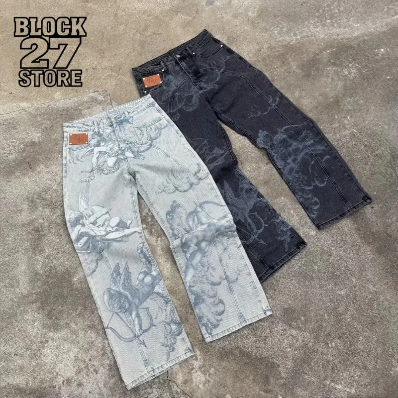 Mens Jeans Harajuku Y2K Angel Baggy Denim Pants Retro High Street Arrow Print Loose Straight Fit American Hip Hop Streetwear New — image 2