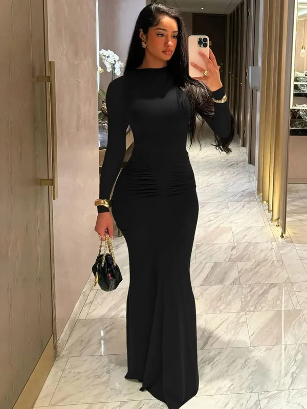 Hugcitar Musim Gugur Padat Lengan Panjang Terbungkus Bodycon Seksi Maxi Pakaian Prom Fesyen Wanita Y2K Pakaian Kelab Pesta Petang