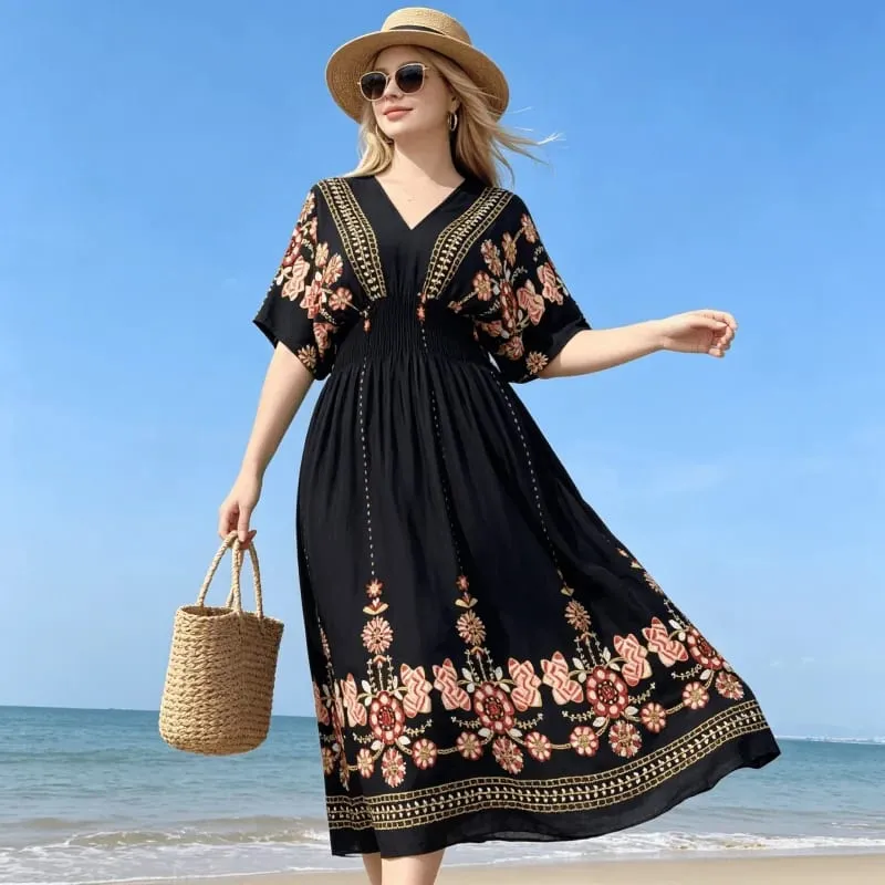 Boho Holiday Women V-Neck Batswing Short Sleeve A-Line Midi Dresses Slim Elastic Waist Casual Vintage Office Lady Elegance Dress