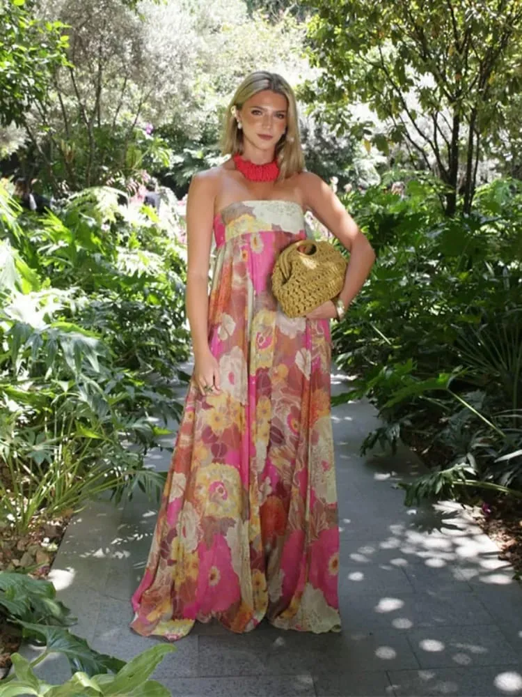 Women Fashion Printed Strapless Maxi Dress Elegant Off Shoulder Backless Sleeveless High Waist Gown Summer New Lady Party Robes — image 4