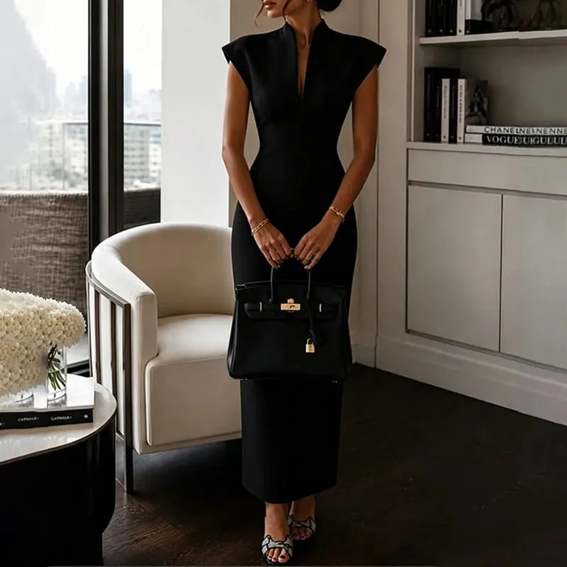 Solid Temperament Dress Women Sleeveless Slim V Neck High Waist Vestidos Elegant Formal Party Outfit Chic 2026 New Arrivals — image 2