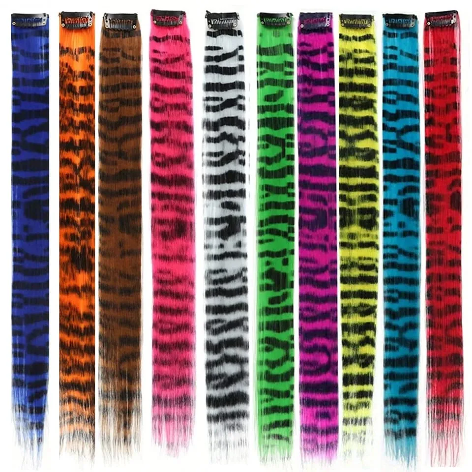 Long Straight Colorful Striped Feather Hairpieces Synthetic Y2K Green Orange Clip in Leopard Print Hair Piece Cosplay Party — image 2