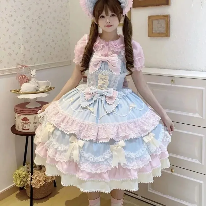 Y2K Sweet Lolita Jks Strap Dress Women Solid Ruffle Lace Bow Patchwork Kawaii Princess Ball Gown Knee-Length Elegant Party — image 7
