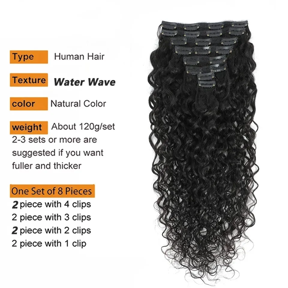 Water Wave Clip in Hair Extensions Real Human Hair Deep Curly Clip Ins for Women 8Pcs 120G Brazilian Remy Human Hair Extensions