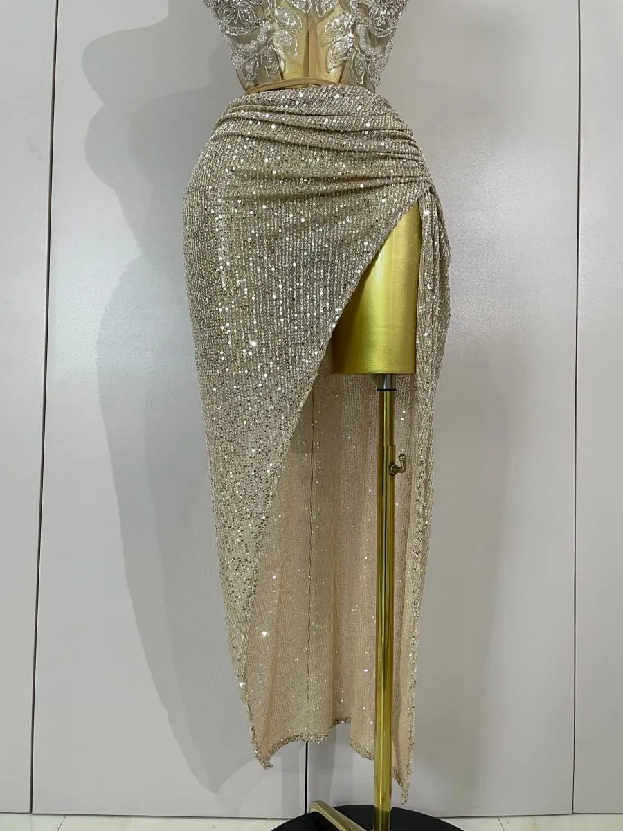 Sparkly Pailletten Kralen Sexy Strapless Tweedelige Set Vrouwen Avond Vieren Nachtclub Party Luxe Verjaardag Jurk Toneelkostuum — image 6