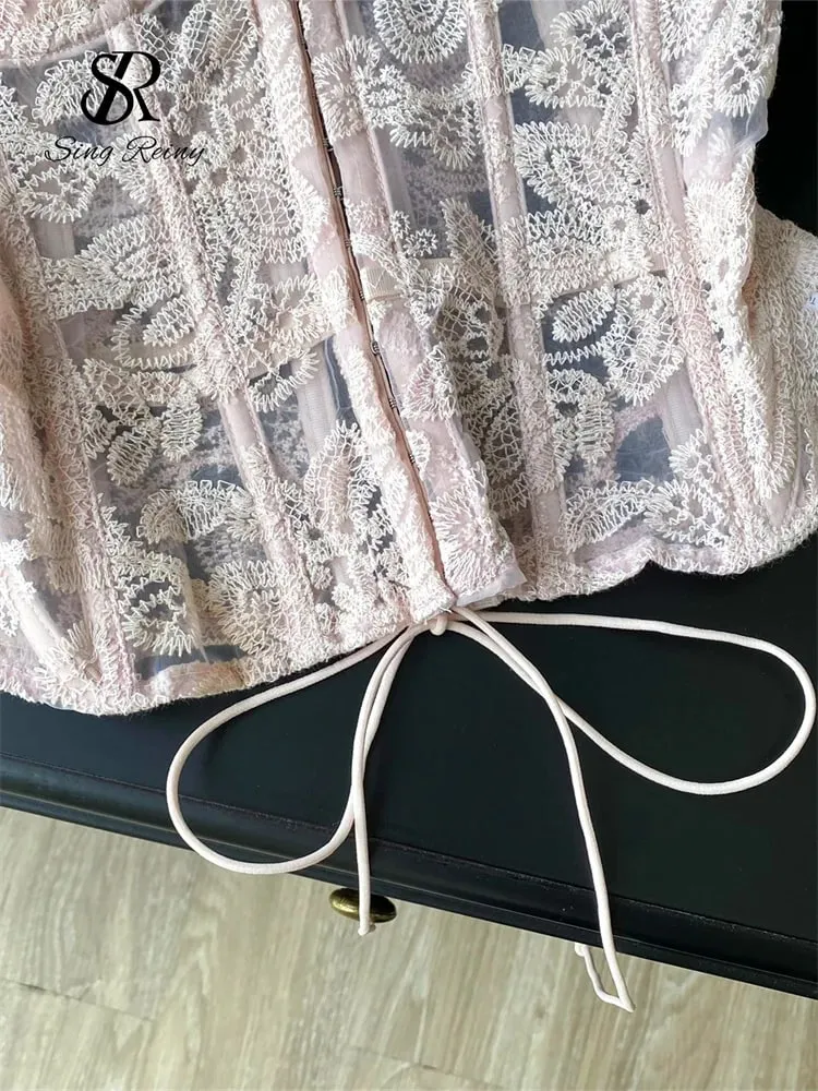 Floral Embroidery Sexy Club Top Female Strapless Slim Corset Backless Tank Top French Lace Up Basics Sheer Camisole — image 5