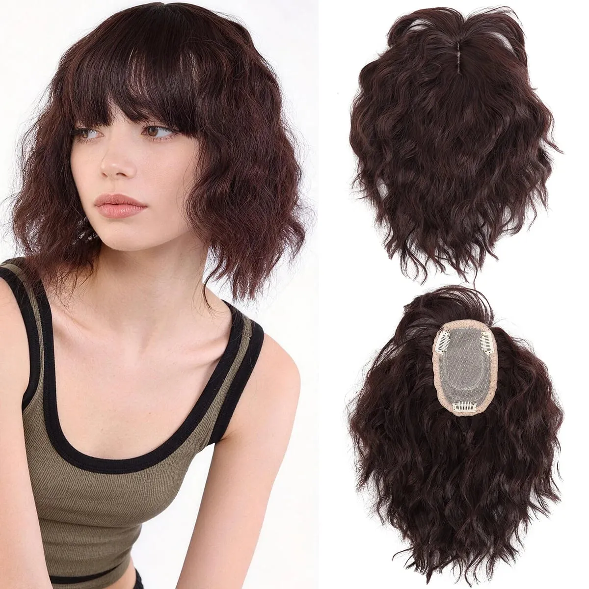 Topper Synthetic corn beard replacement block wig heat-resistant curly hair clip wig on the top of a woman's head
