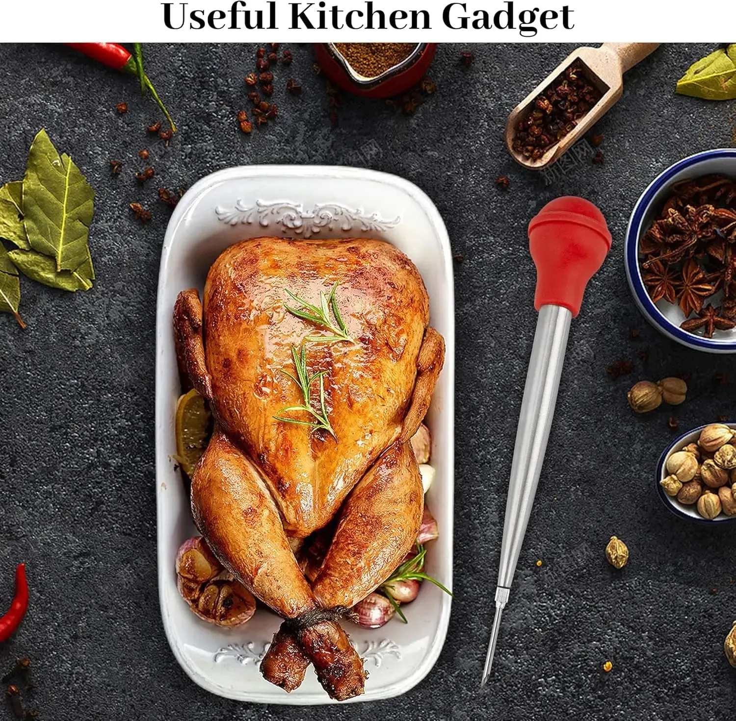 Stainless Steel Turkey Baster for Cooking - Food Grade Meat Injector Syringe & Silicone Suction Bulb With 2 Detachable Needles