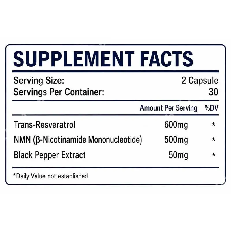 NMN & Resveratrol Capsules Antioxidant Complex Supplement with Black Pepper Extract 1100mg 60 Capsules — image 2