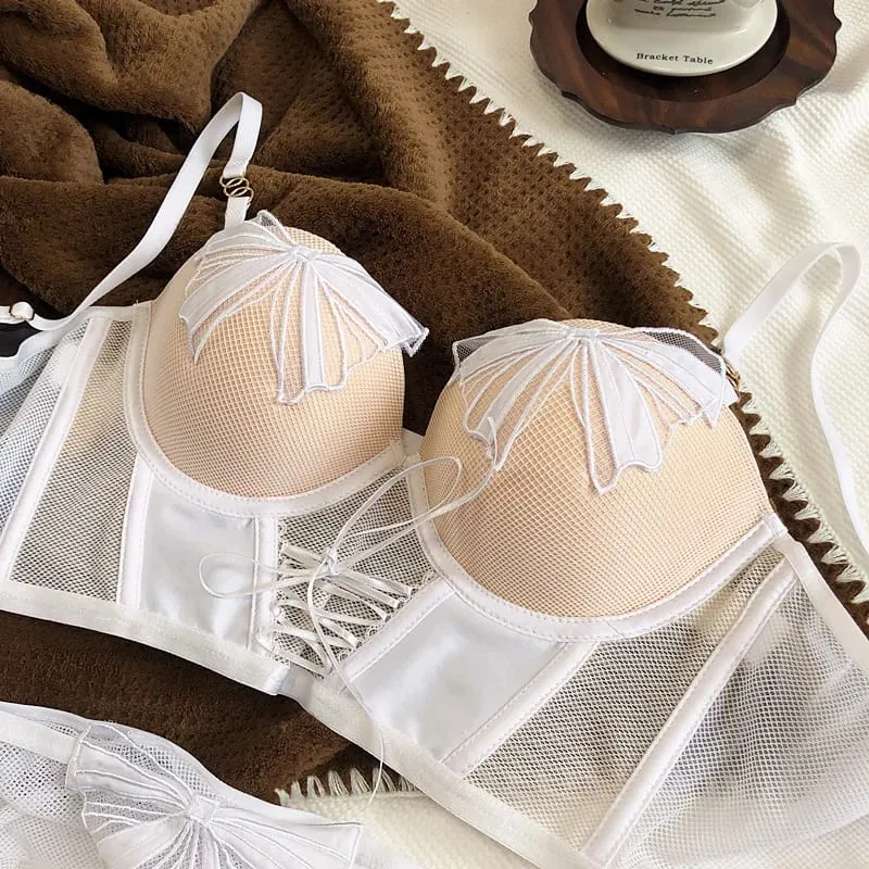 Bowknot Gauze Perspective Sexy Push Up Underwear Set Thick Small Bra Briefs Panties Lengthen Adjustable Intimates Belt — image 5