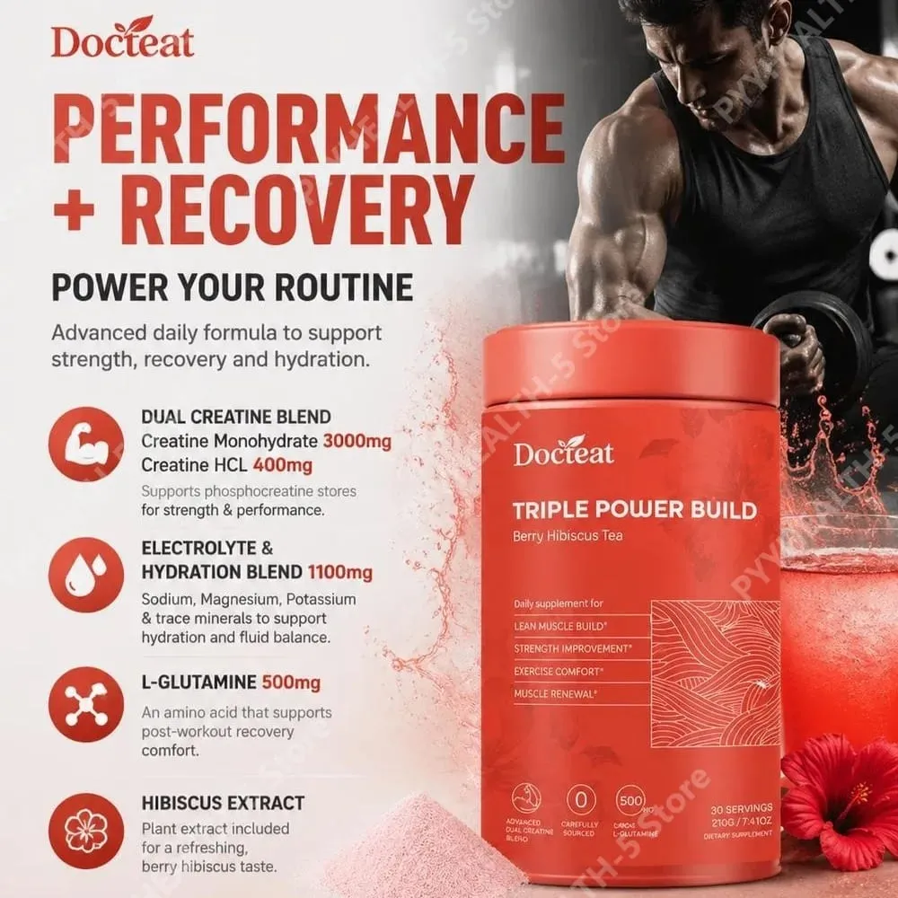 Docteat Berry Hibiscus Tea Creatine Powder with Creatine HCL and L-Glutamine Supports Hydration and Electrolytes 30 Servings — image 4