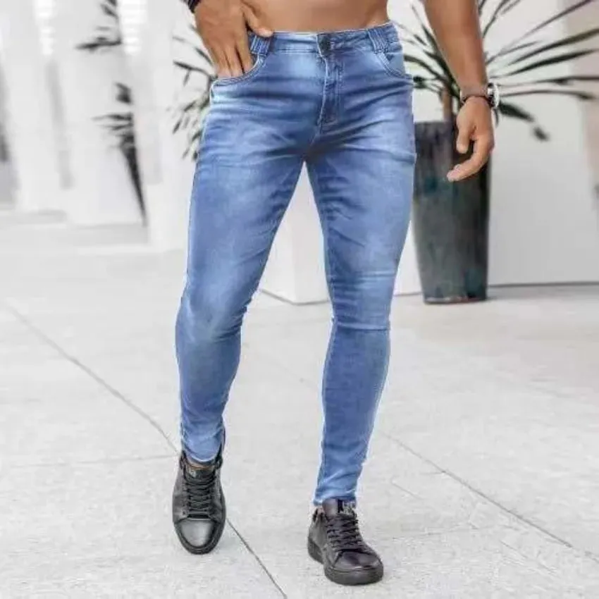 Men High Waist Skinny Jeans Stretch Pencil Pants Solid Color Ins Trendy Street Slim Fit Denim Trousers Male Casual Pants — image 10