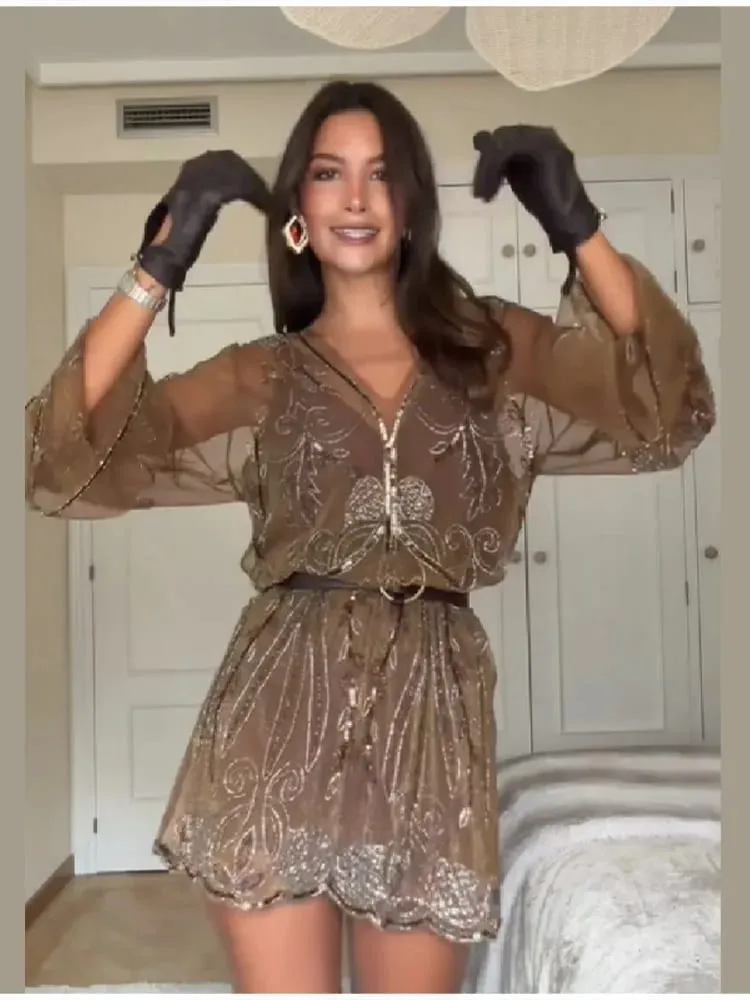 Vintage Sequin Sheer Mini Dress For Women Chic Floral Embroidery V-neck Long Sleeve Ruffled Hem Dresses NEW Party Cocktail Dress — image 3