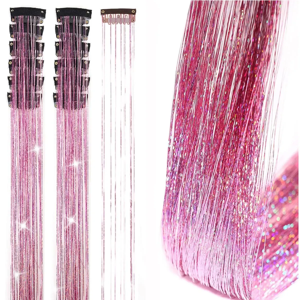 6Pcs Synthetic Hair Tinsel Clip in 20Inch Glitter Tinsel Hair Clip in Hair Tinsel Kit Heat Resistant Shiny Sparkle Fairy Hair — image 4