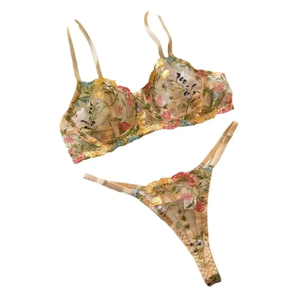 2-Piece Versatile Floral Lingerie Set Embroidery Sheer Women Underwear Boho Bra Panty Set — image 2