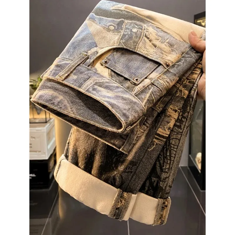 American high-end retro printed design jeans men's 2025 autumn new cool and loose straight leg long pants — image 3