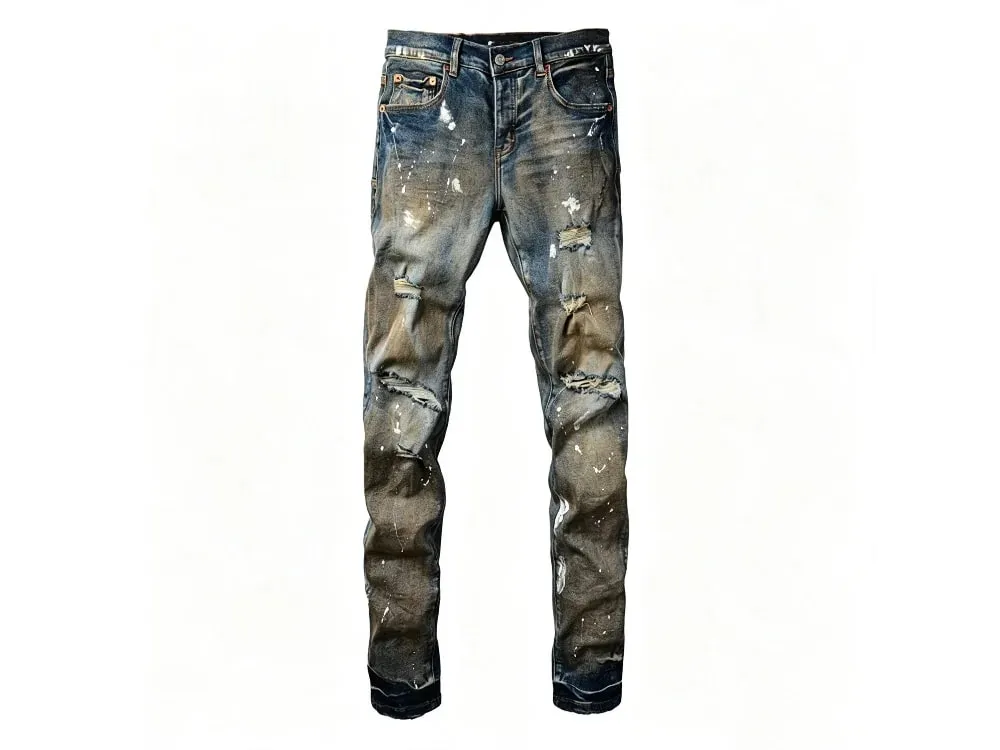 Men's Multiple Ripped Slim Tapered Jeans Vintage Blue Gradient Wash White Paint Splatter Button Fly High Street Style — image 8