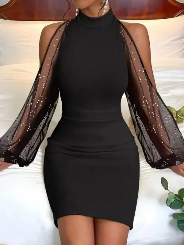Women's Long Sleeve High Neck Bodycon Dress with Floral Lace Bell Sleeves for Party Evening Wear — image 6