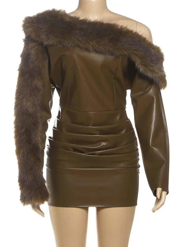 Kliou Faux Leather Mini Dresses Woman Furry Patchwork Skew Collar Full Sleeve Backless High Waist Street Fashion Classic Bodycon — image 6