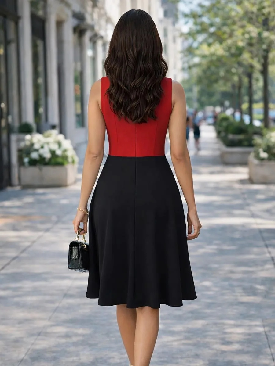 Womens Summer Sleeveless Elegant Front Zipper Work Office A-Line Colorblock Business Casual Party Slim Fit And Flare Swing Dress — image 2