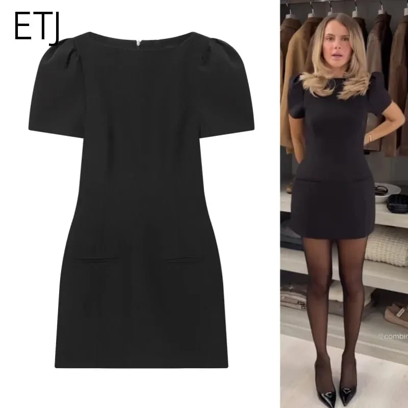 ETJ 2025 women's new products are elegant and stylish Short dress with a boat neck and short sleeves with pleats black dress — image 4