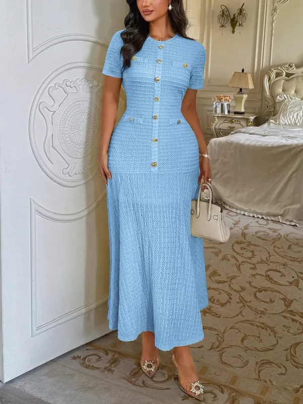 Women's Solid Color Midi Dress Short Sleeve Gold Button Decorated Fitted Flared Hem Gown Elegant Retro Outfit Dating & Parties — image 4