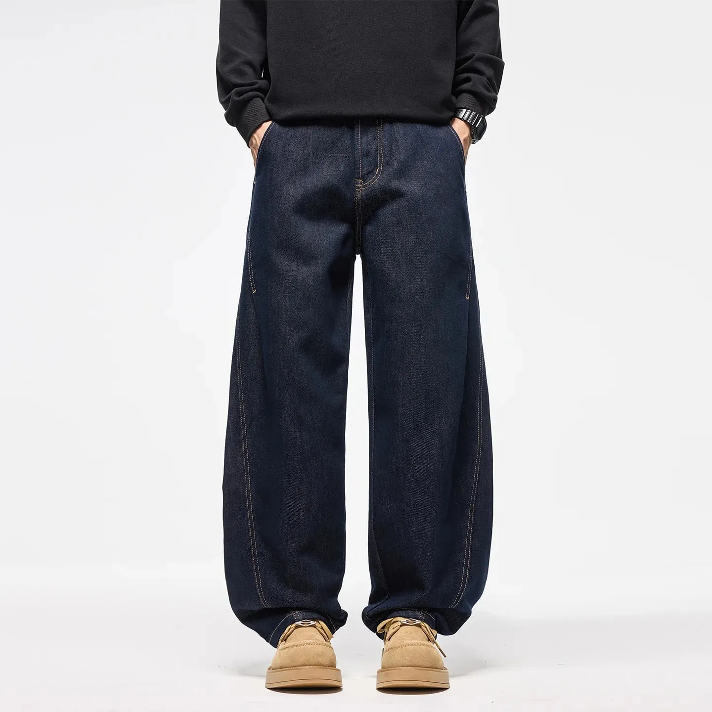Autumn Winter 2026 New Fashion American Style Men's Dark Blue Solid Color Casual Trendy Simple Basic Wide Leg Loose Jeans Pants — image 4