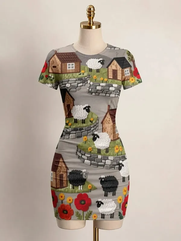 Womens Short Sleeve Bodycon Mini Dress Slim Fit Crew Neck Floral Print Casual Summer Party Cute Trendy Flattering Party Sundress — image 14