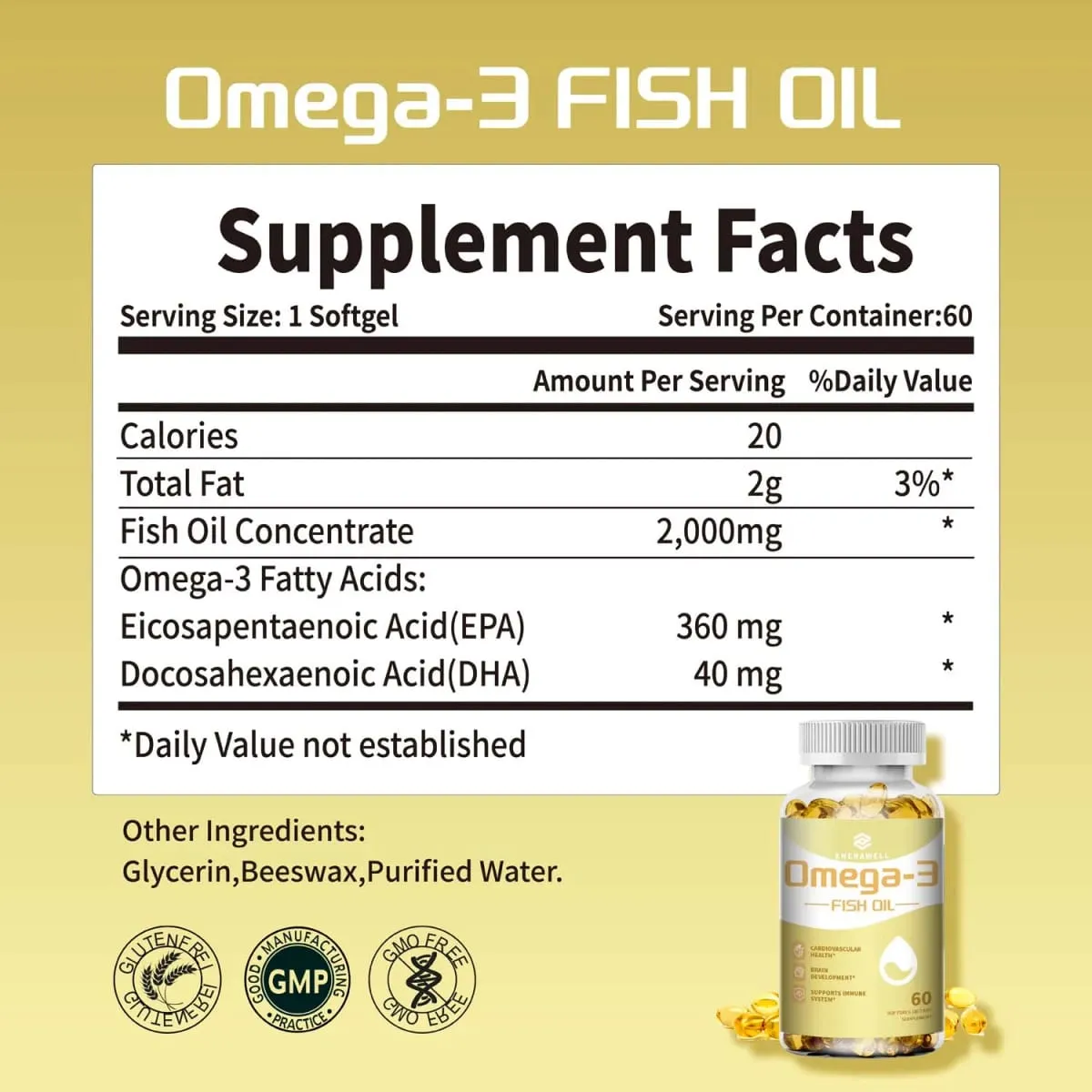 Omega 3 Fish Oil - Rich in EPA+DHA Supports Joint Brain and Eye Health Enhances Immune Function and Antioxidant