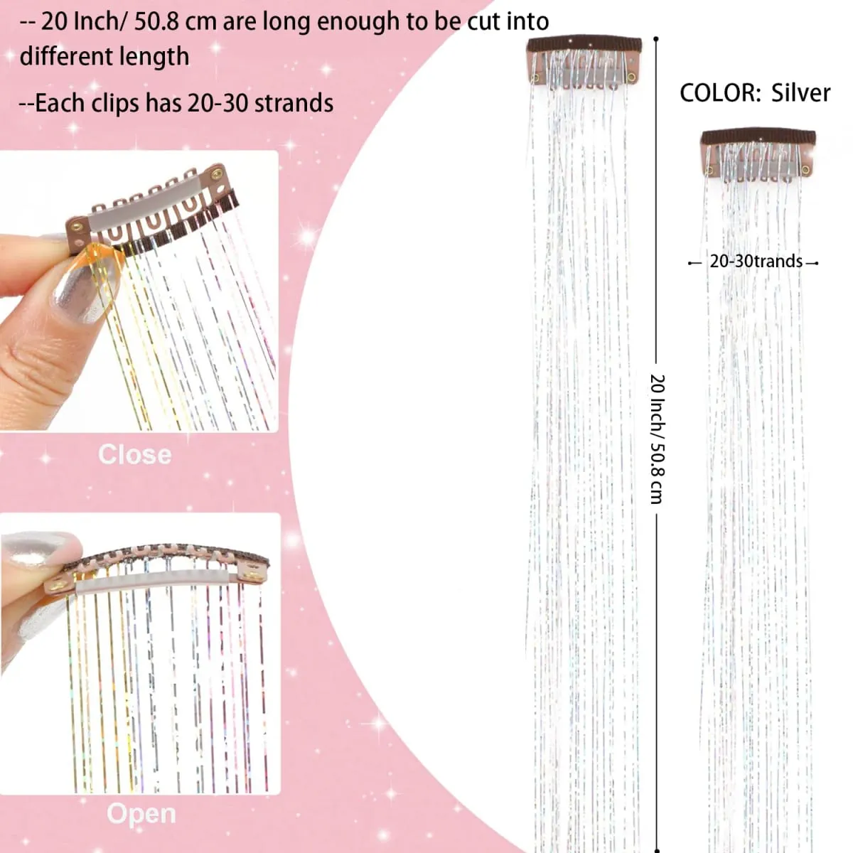 Clip in Hair Tinsel 12Pcs Heat Resistant Sparkly Glitter Fairy Hair Accessories for Girls Women Party Festival Decoration — image 3