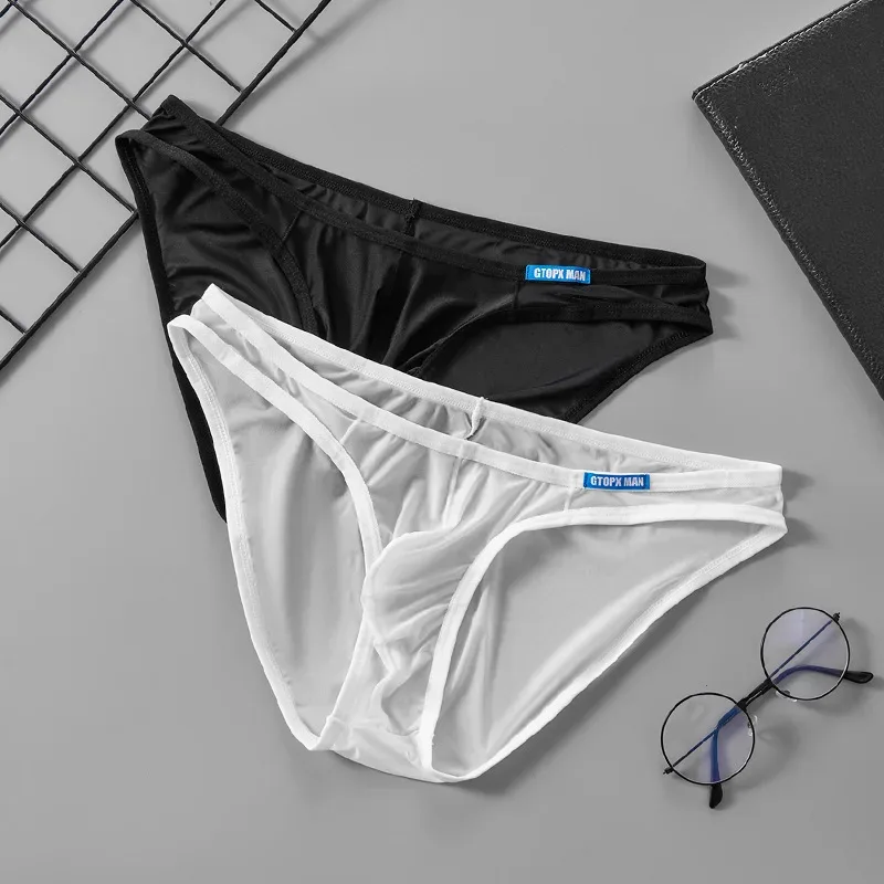 Men's Sexy Underwear Thin Ice Silk Translucent Briefs U Pouch Ropa Interior Hombre Male Panties — image 2