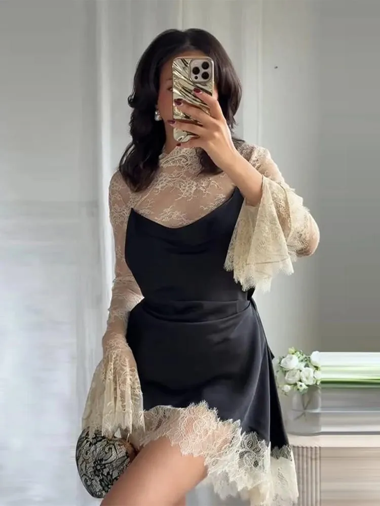 Elegant Satin Floral Lace Patchwork Mini Dress For Women Irregular Hem Long Sleeve Dresses Lady 2026 Chic Evening Party Vestidos — image 4