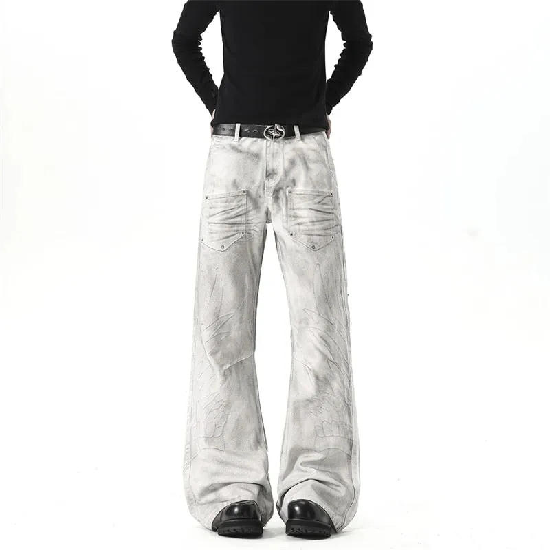 Men White‑Grey Washed Flare Jeans Embossed Pattern Rivet Decor Loose Floor‑Length Y2K Streetwear Denim Trousers 9X4397
