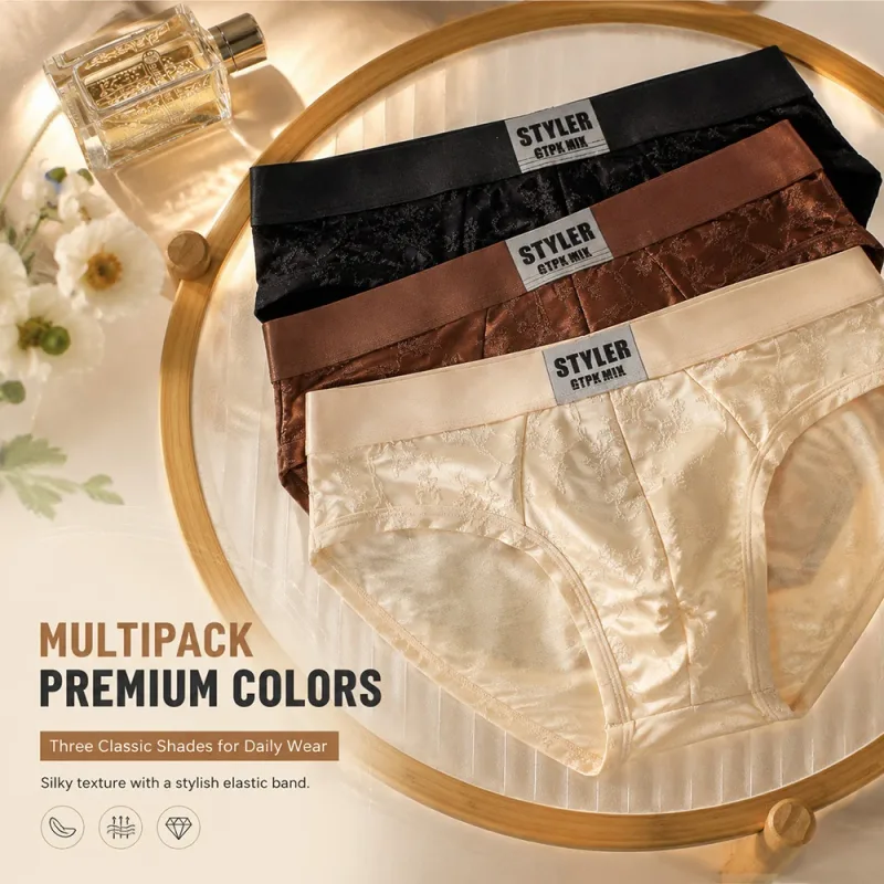 1/3PCS Sexy Perspective Men's Briefs Luxury Jacquard Smooth Ice Silk Mens Intimate Underwear Breathable 3D Mesh Pouch Lingerie — image 9