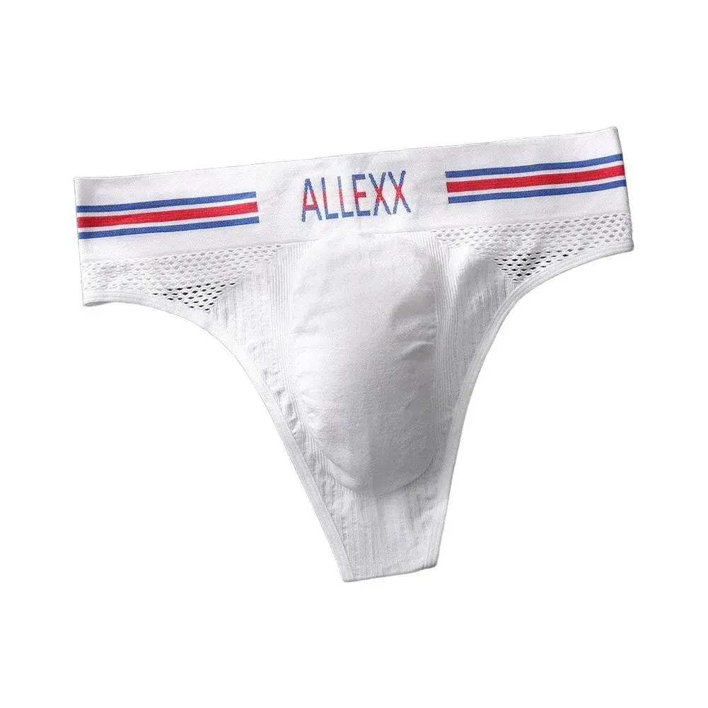 1pc Men's G-String Underwear 3D Bulge Pouch Striped Letter Printing Briefs Elastic Mesh Breathable Comfortable Thongs