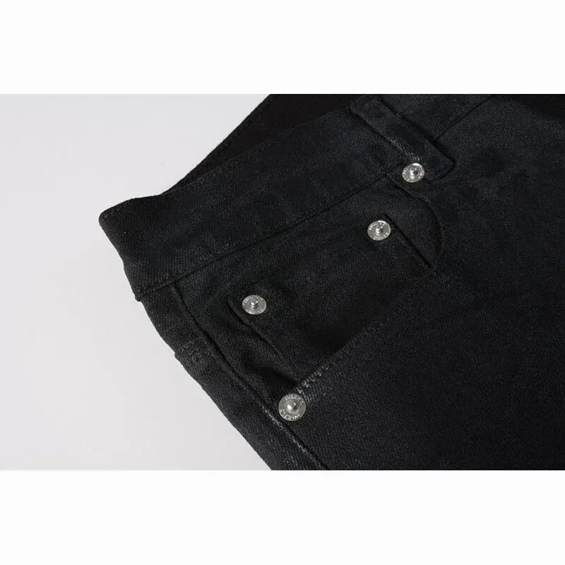 Men's Black Coated Slim Tapered Jeans Washed Distressed Design Button Fly High Street Style — image 3