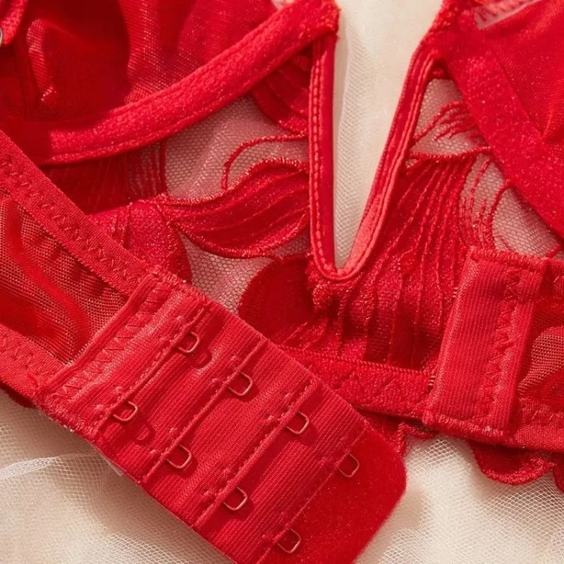 Ensemble de Lingerie en dentelle florale rouge pour femmes, soutien-gorge à armatures transparentes, bonnet fin, culotte tanga assortie, Sexy, ajouré, intimes — image 4