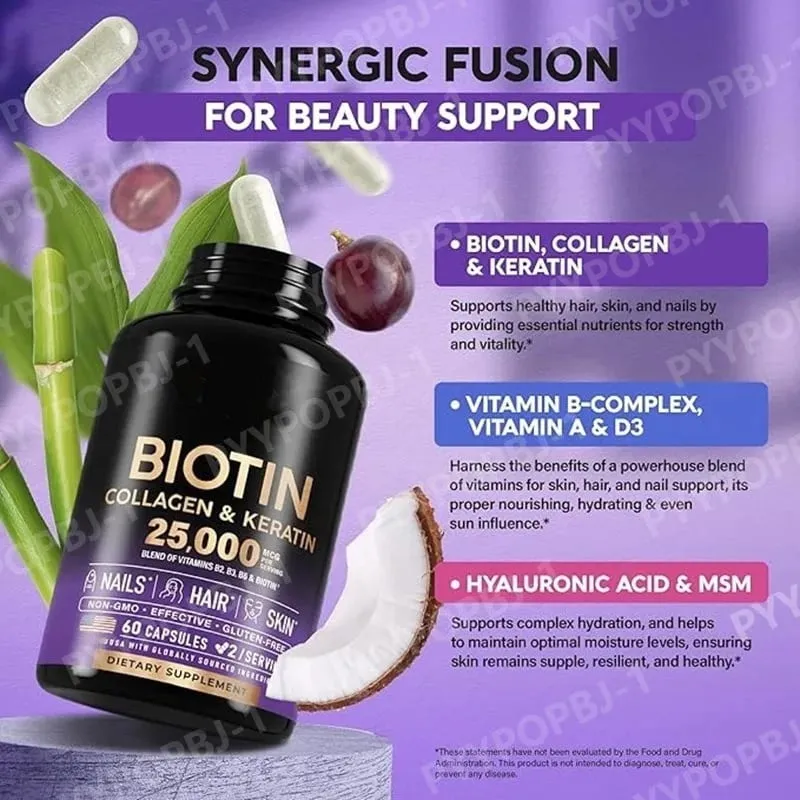 Biotin Capsules Contain Collagen and Vitamin B2 B3 B6 & B7 for Women Men Hair Care Supplements Skin & Nails Support 60 Pieces
